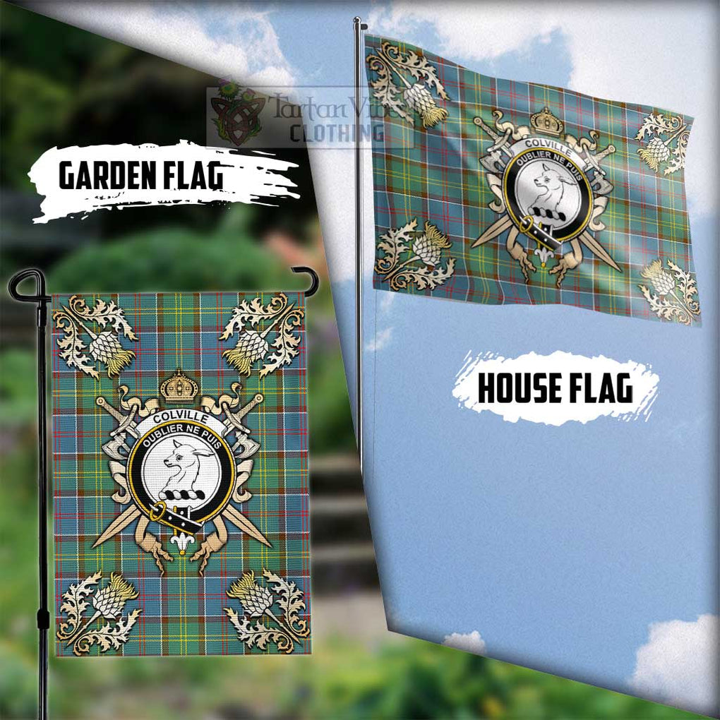 Tartan Vibes Clothing Colville Tartan Flag with Family Crest and Golden Thistle Crossed Sword Design