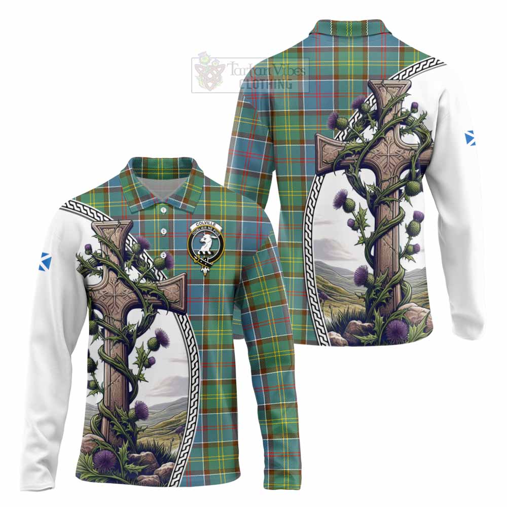 Tartan Vibes Clothing Colville Tartan Long Sleeve Polo Shirt with Family Crest and St. Andrew's Cross Accented by Thistle Vines