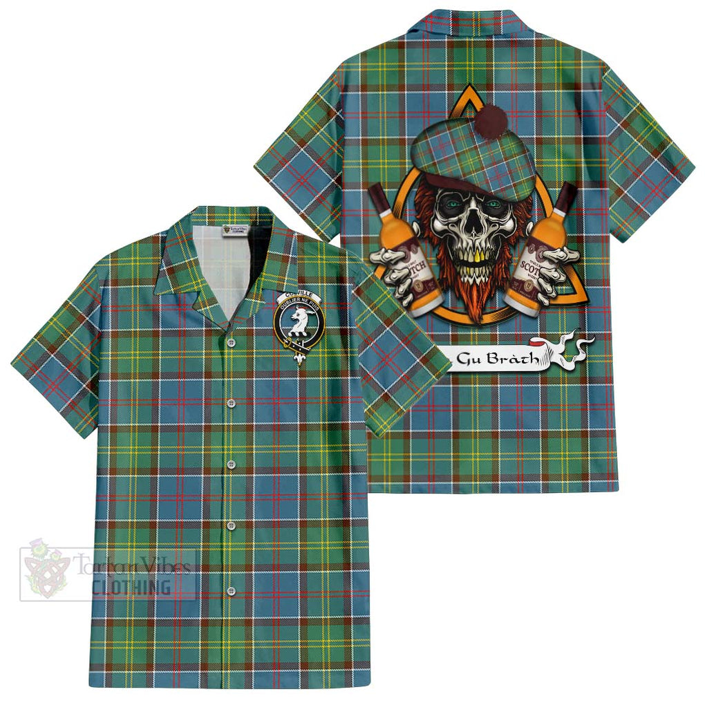 Tartan Vibes Clothing Colville Tartan Short Sleeve Button Shirt with Family Crest and Bearded Skull Holding Bottles of Whiskey