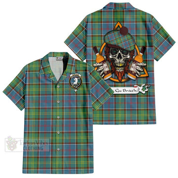 Colville Tartan Short Sleeve Button Shirt with Family Crest and Bearded Skull Holding Bottles of Whiskey