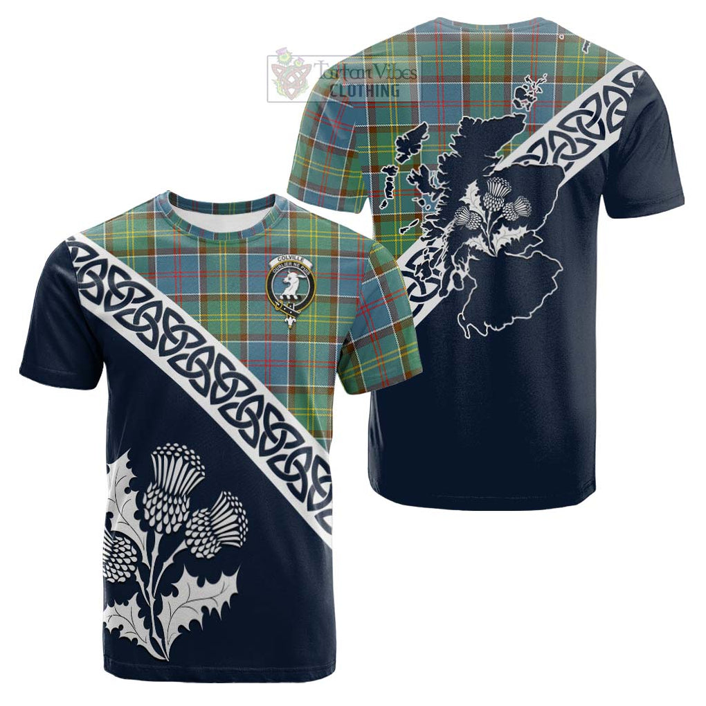 Tartan Vibes Clothing Colville Tartan Cotton T-shirt Featuring Thistle and Scotland Map