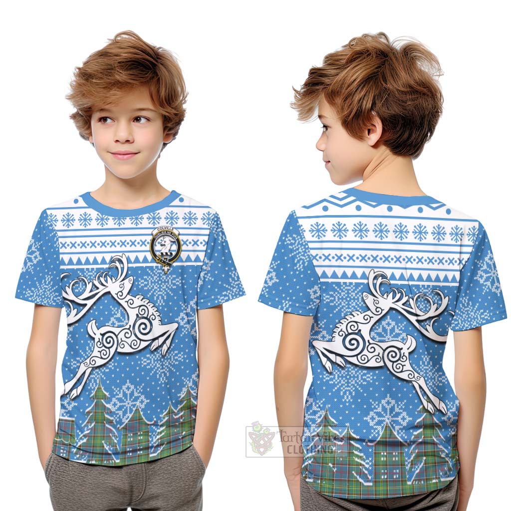 Tartan Vibes Clothing Colville Clan Christmas Kid T-Shirt Celtic Reindeer Style