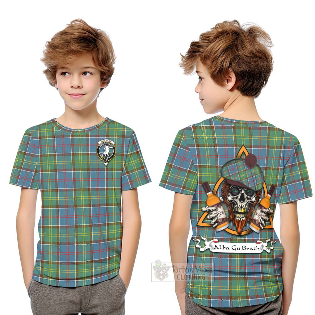 Tartan Vibes Clothing Colville Tartan Kid T-Shirt with Family Crest and Bearded Skull Holding Bottles of Whiskey