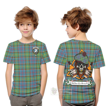 Colville Tartan Kid T-Shirt with Family Crest and Bearded Skull Holding Bottles of Whiskey