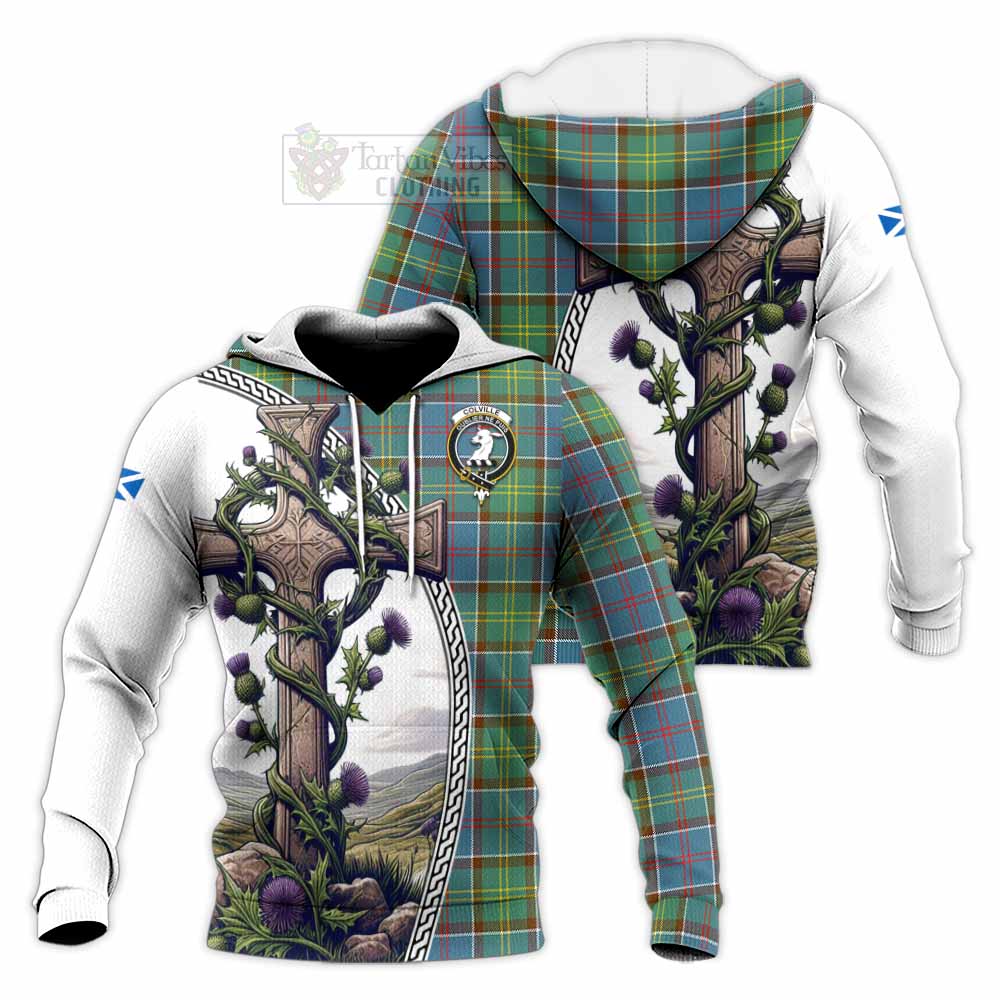 Tartan Vibes Clothing Colville Tartan Knitted Hoodie with Family Crest and St. Andrew's Cross Accented by Thistle Vines