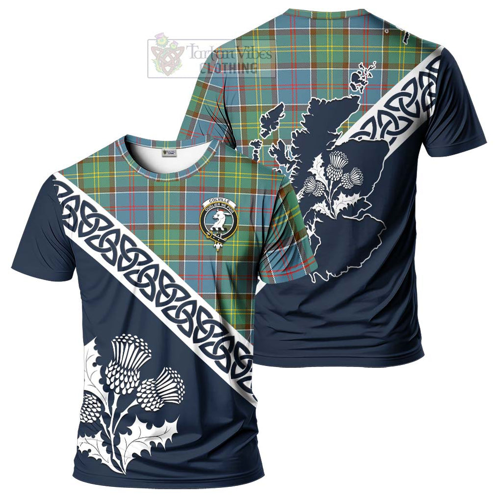 Colville Tartan T-Shirt Featuring Thistle and Scotland Map