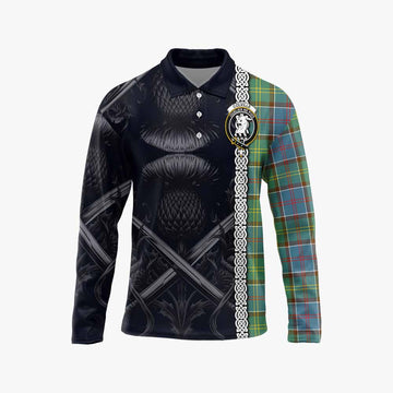 Colville Tartan Long Sleeve Polo Shirt with Family Crest Cross Sword Thistle Celtic Vibes