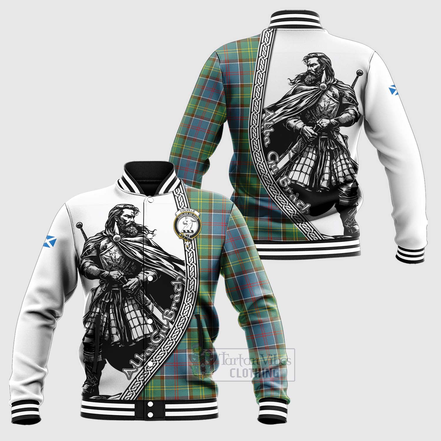 Tartan Vibes Clothing Colville Tartan Clan Crest Baseball Jacket with Highlander Warrior Celtic Style