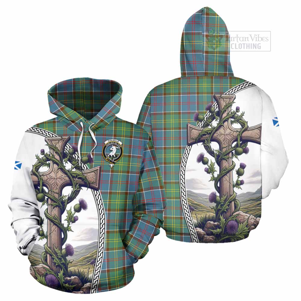 Tartan Vibes Clothing Colville Tartan Hoodie with Family Crest and St. Andrew's Cross Accented by Thistle Vines