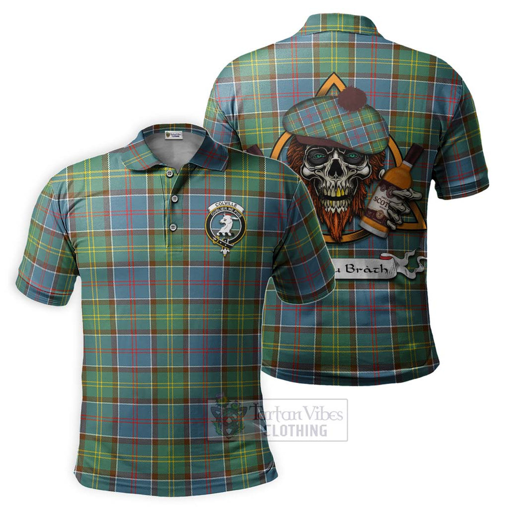 Tartan Vibes Clothing Colville Tartan Polo Shirt with Family Crest and Bearded Skull Holding Bottles of Whiskey