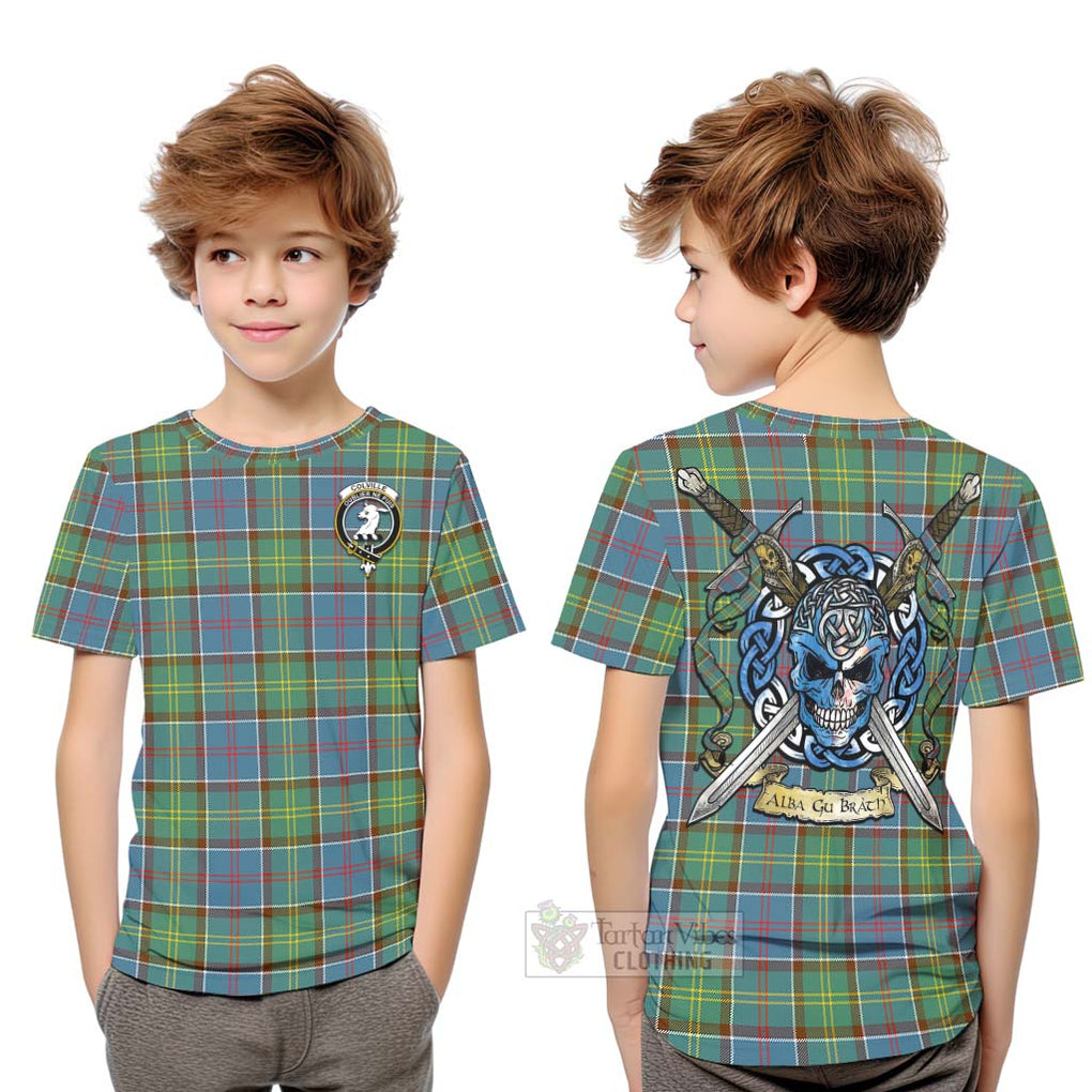 Tartan Vibes Clothing Colville Tartan Kid T-Shirt with Family Crest Celtic Skull Style