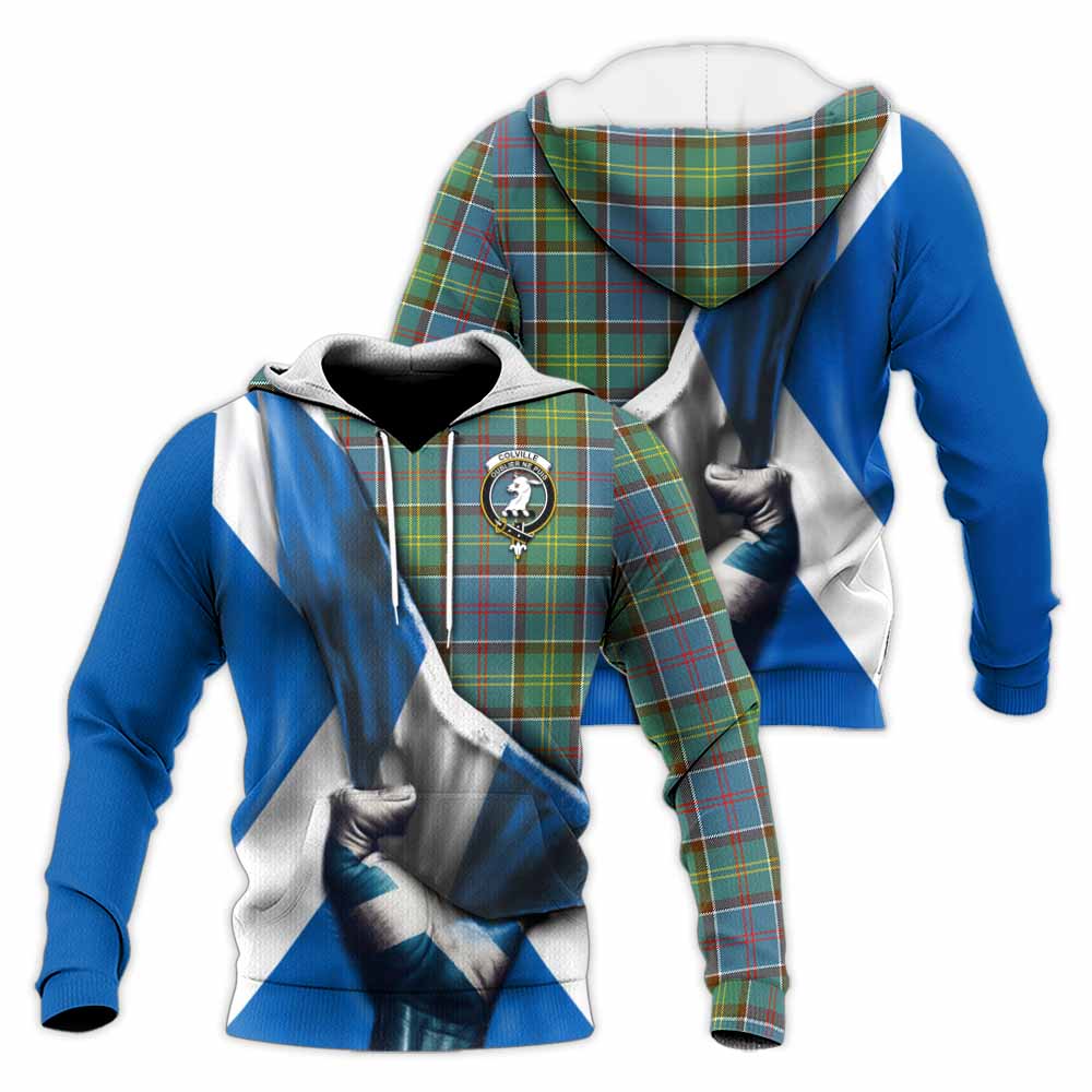 Tartan Vibes Clothing Colville Tartan Knitted Hoodie with Family Crest Scotland Patriotic Style