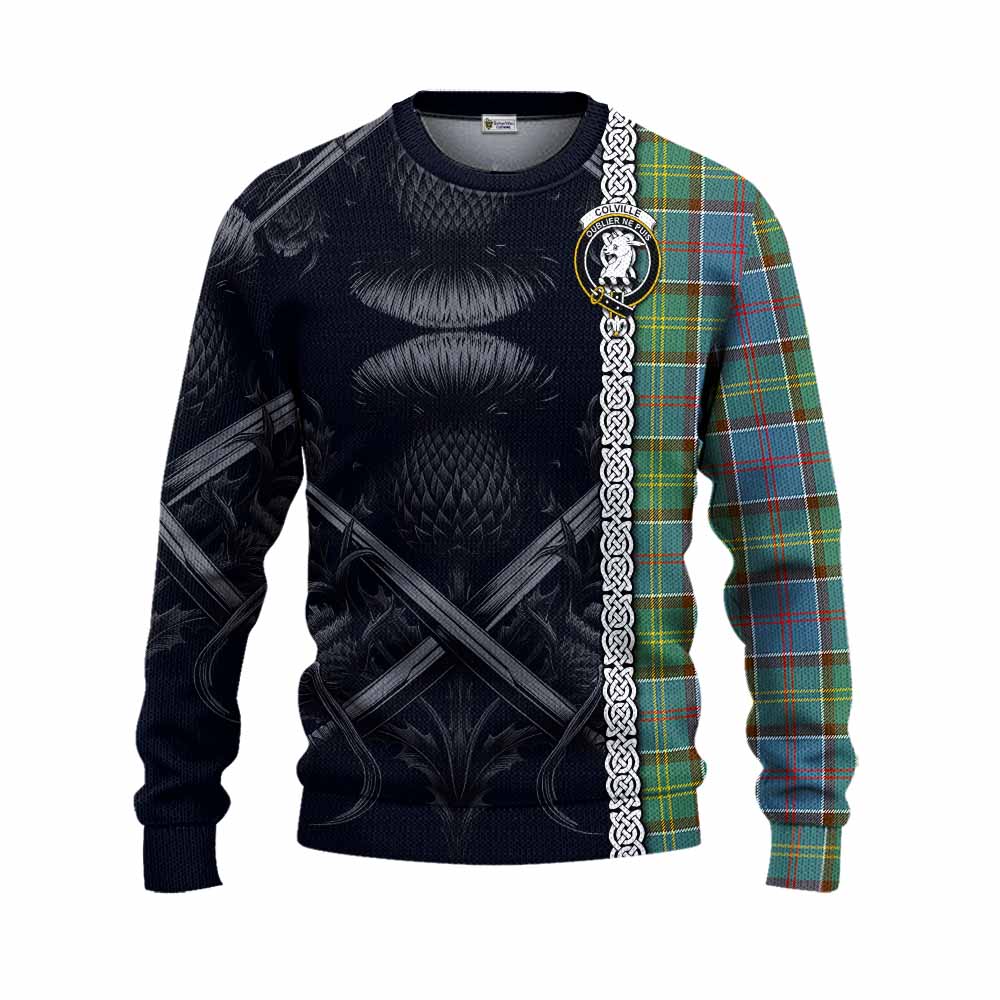 Tartan Vibes Clothing Colville Tartan Knitted Sweater with Family Crest Cross Sword Thistle Celtic Vibes