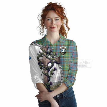 Colville Tartan Women's Casual Shirt with Family Crest and St. Andrew's Cross Accented by Thistle Vines