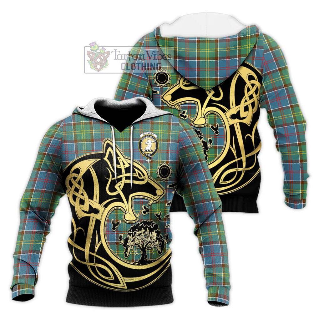 Colville Tartan Knitted Hoodie with Family Crest Celtic Wolf Style Unisex Knitted Pullover Hoodie - Tartan Vibes Clothing