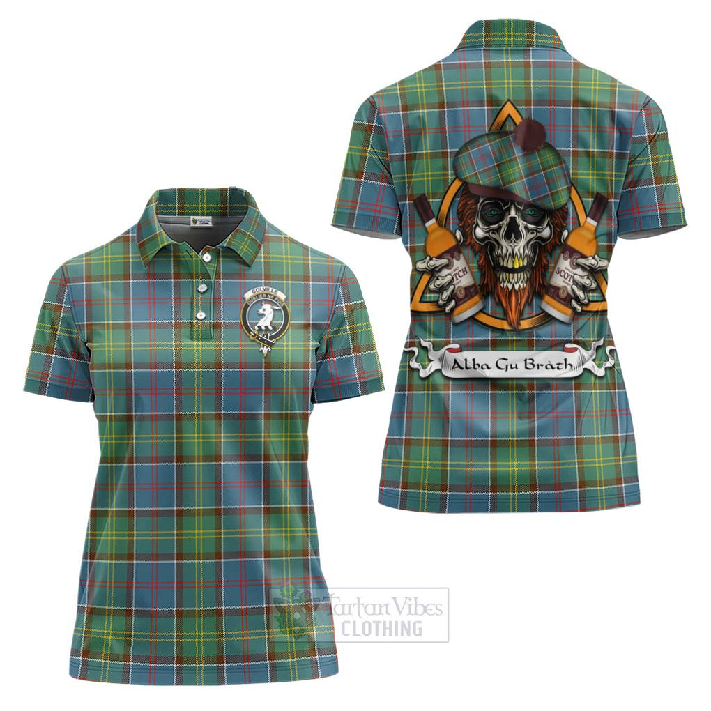 Tartan Vibes Clothing Colville Tartan Women's Polo Shirt with Family Crest and Bearded Skull Holding Bottles of Whiskey