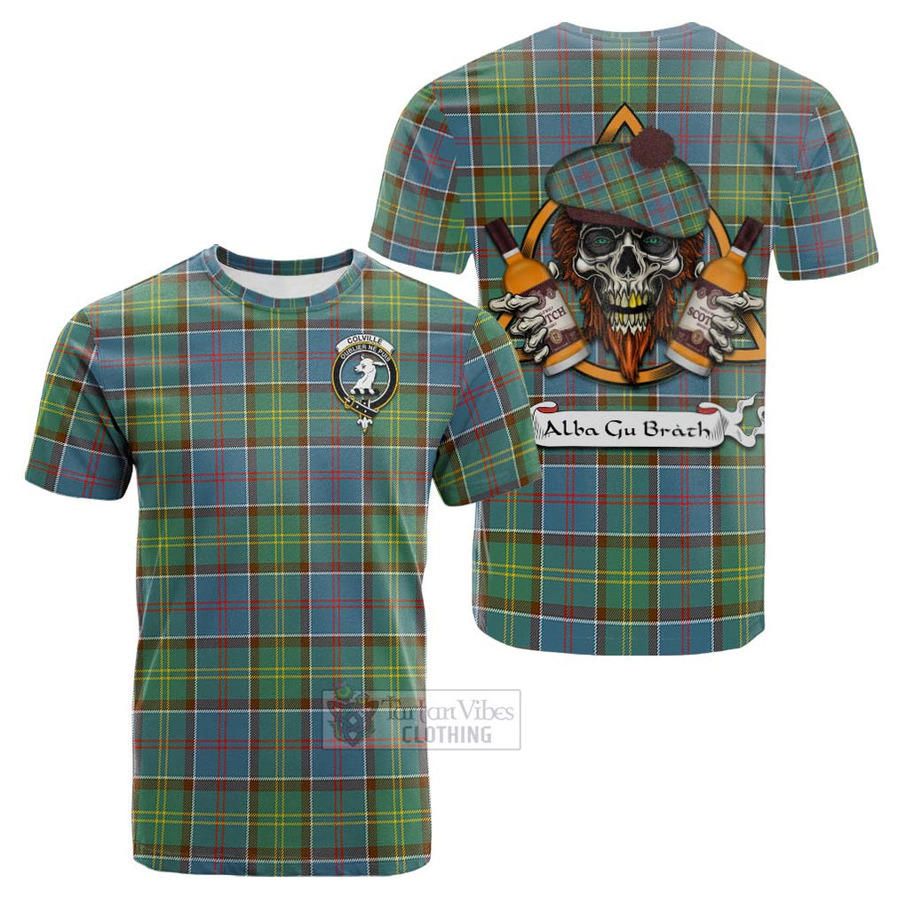 Tartan Vibes Clothing Colville Tartan Cotton T-shirt with Family Crest and Bearded Skull Holding Bottles of Whiskey