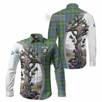 Colville Tartan Long Sleeve Button Shirt with Family Crest and St. Andrew's Cross Accented by Thistle Vines Men's Shirt S - Tartan Vibes Clothing