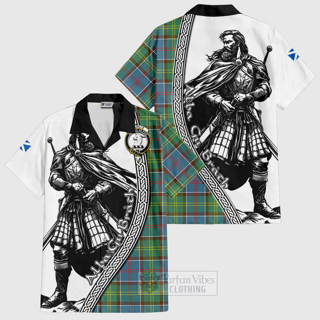 Tartan Vibes Clothing Colville Tartan Clan Crest Short Sleeve Button Shirt with Highlander Warrior Celtic Style