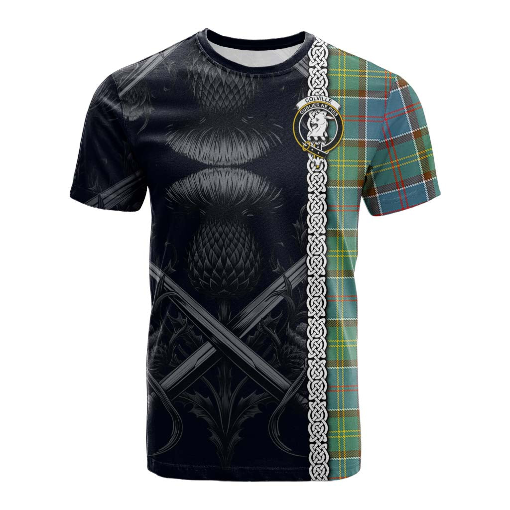 Tartan Vibes Clothing Colville Tartan Cotton T-shirt with Family Crest Cross Sword Thistle Celtic Vibes