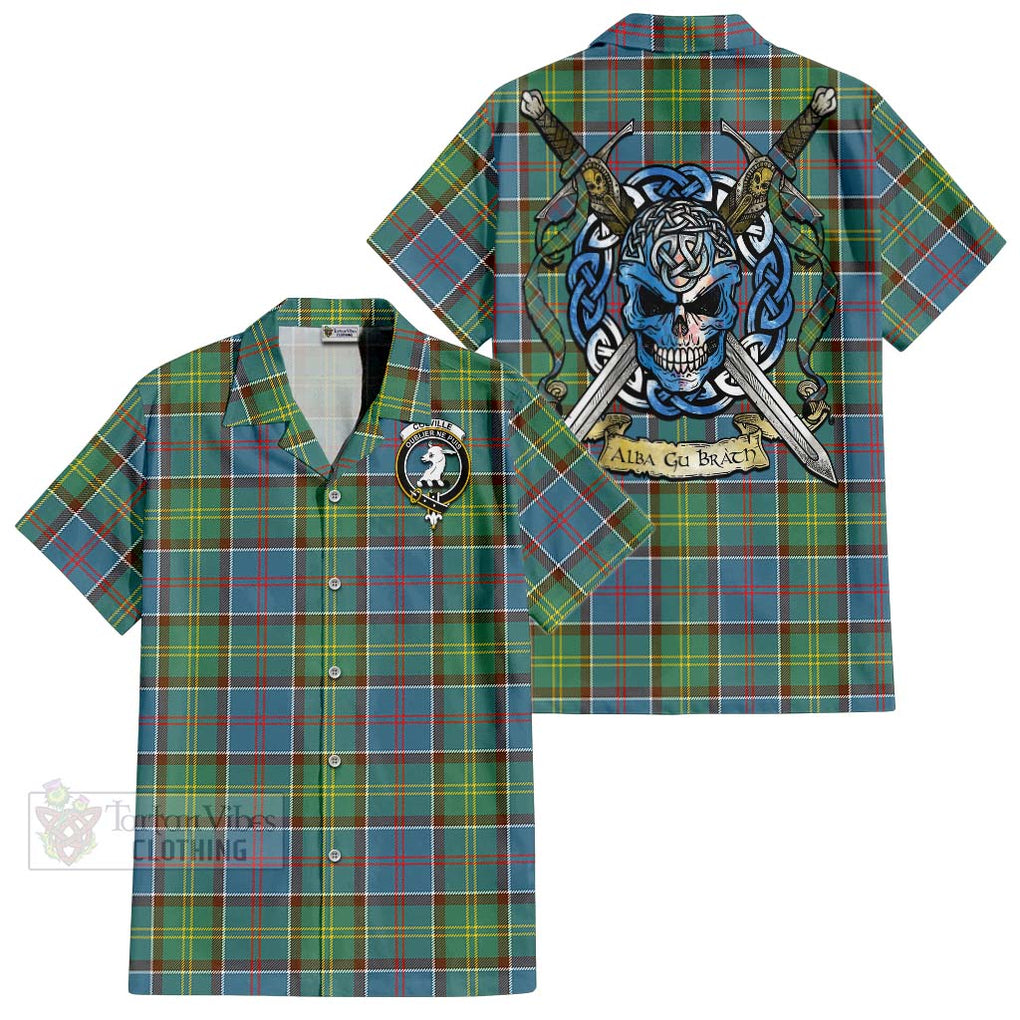 Tartan Vibes Clothing Colville Tartan Short Sleeve Button Shirt with Family Crest Celtic Skull Style