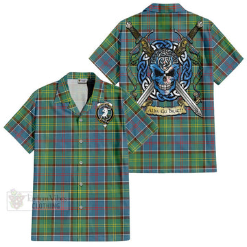 Colville Tartan Short Sleeve Button Shirt with Family Crest Celtic Skull Style