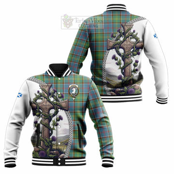 Colville Tartan Baseball Jacket with Family Crest and St. Andrew's Cross Accented by Thistle Vines