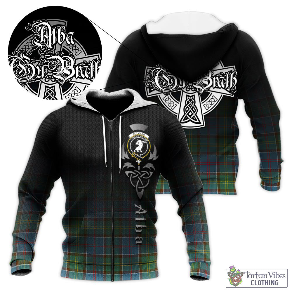 Tartan Vibes Clothing Colville Tartan Knitted Hoodie Featuring Alba Gu Brath Family Crest Celtic Inspired