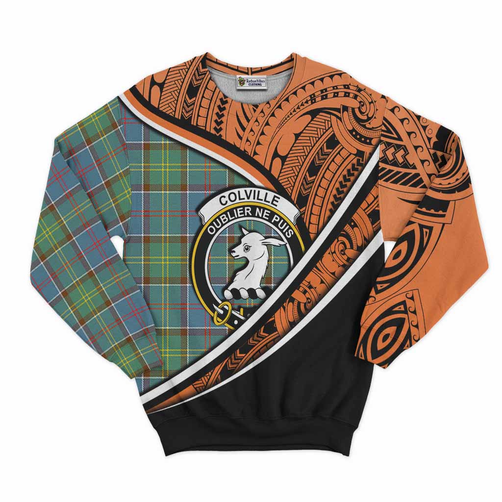 Tartan Vibes Clothing Colville Crest Tartan Sweatshirt with Maori Tattoo Style - Orange Version