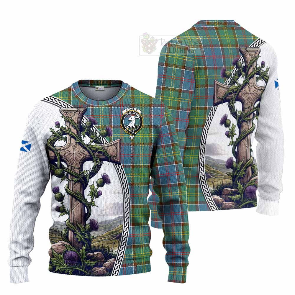 Tartan Vibes Clothing Colville Tartan Knitted Sweater with Family Crest and St. Andrew's Cross Accented by Thistle Vines