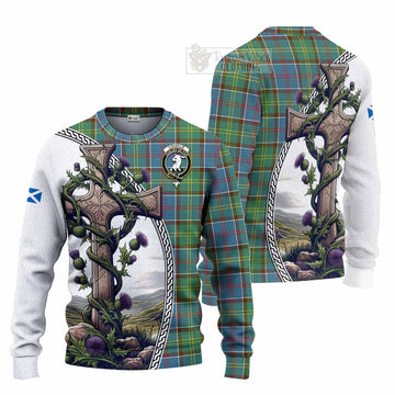 Colville Tartan Knitted Sweater with Family Crest and St. Andrew's Cross Accented by Thistle Vines