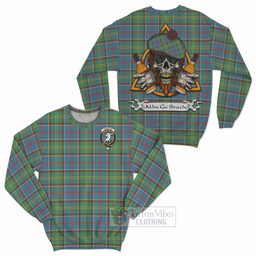 Tartan Vibes Clothing Colville Tartan Sweatshirt with Family Crest and Bearded Skull Holding Bottles of Whiskey