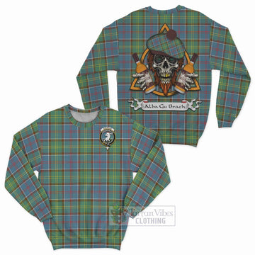 Colville Tartan Sweatshirt with Family Crest and Bearded Skull Holding Bottles of Whiskey