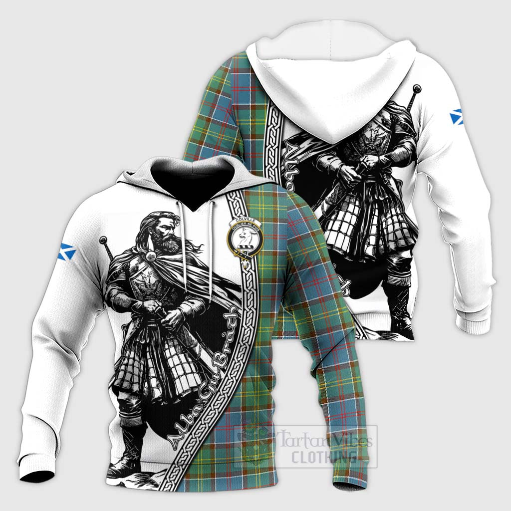 Tartan Vibes Clothing Colville Tartan Clan Crest Knitted Hoodie with Highlander Warrior Celtic Style