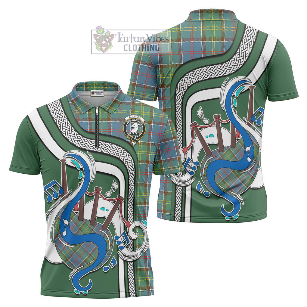 Colville Tartan Zipper Polo Shirt with Epic Bagpipe Style Unisex - Tartanvibesclothing Shop