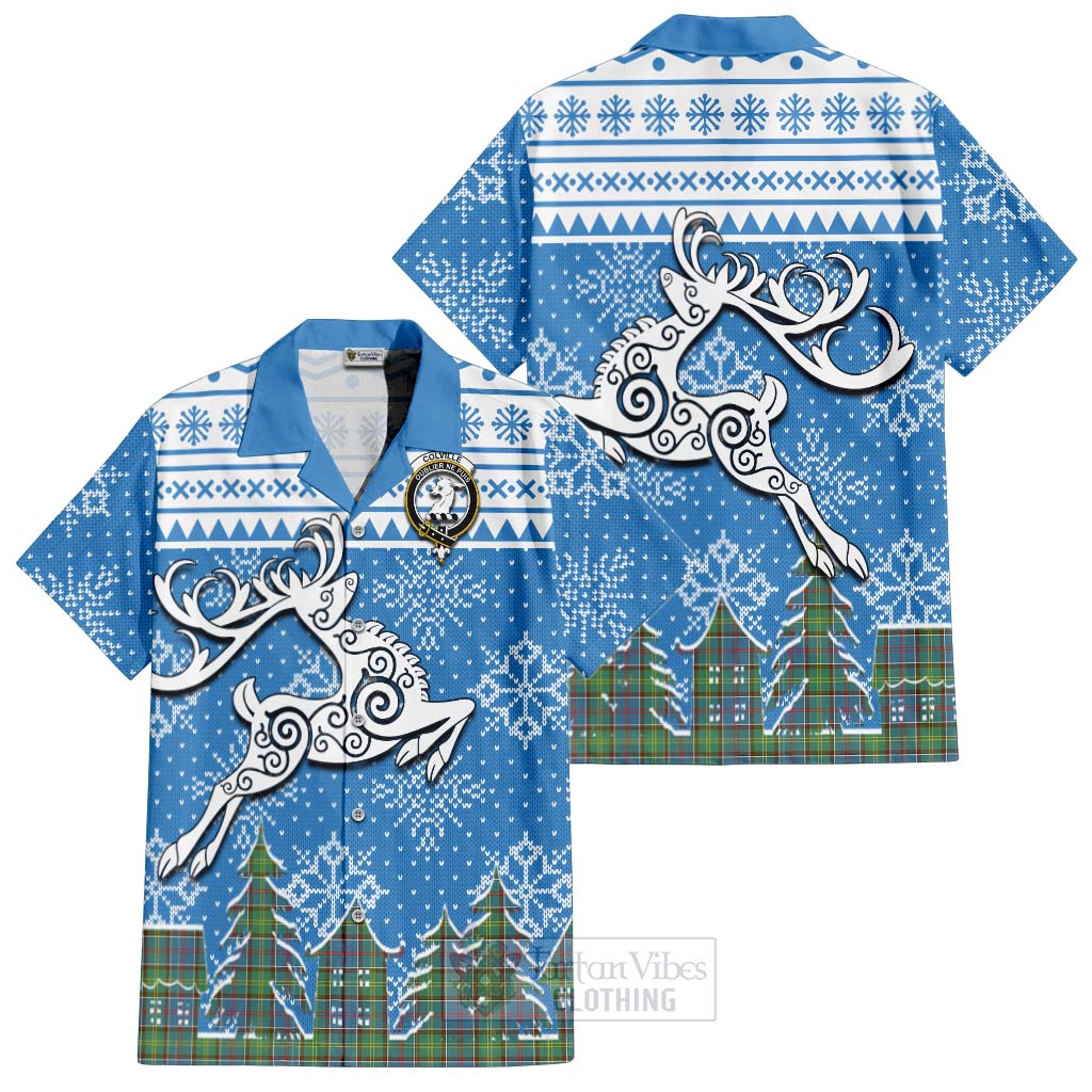 Tartan Vibes Clothing Colville Clan Christmas Short Sleeve Button Shirt Celtic Reindeer Style