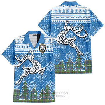 Colville Clan Christmas Short Sleeve Button Shirt Celtic Reindeer Style