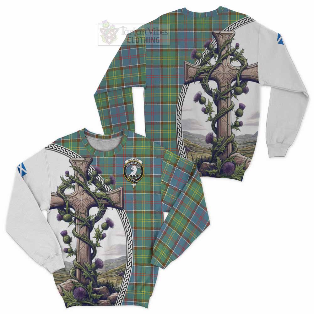 Tartan Vibes Clothing Colville Tartan Sweatshirt with Family Crest and St. Andrew's Cross Accented by Thistle Vines