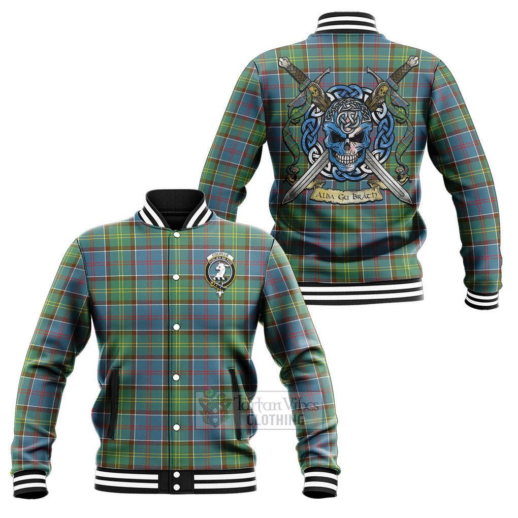 Tartan Vibes Clothing Colville Tartan Baseball Jacket with Family Crest Celtic Skull Style