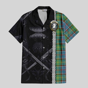 Colville Tartan Short Sleeve Button Shirt with Family Crest Cross Sword Thistle Celtic Vibes