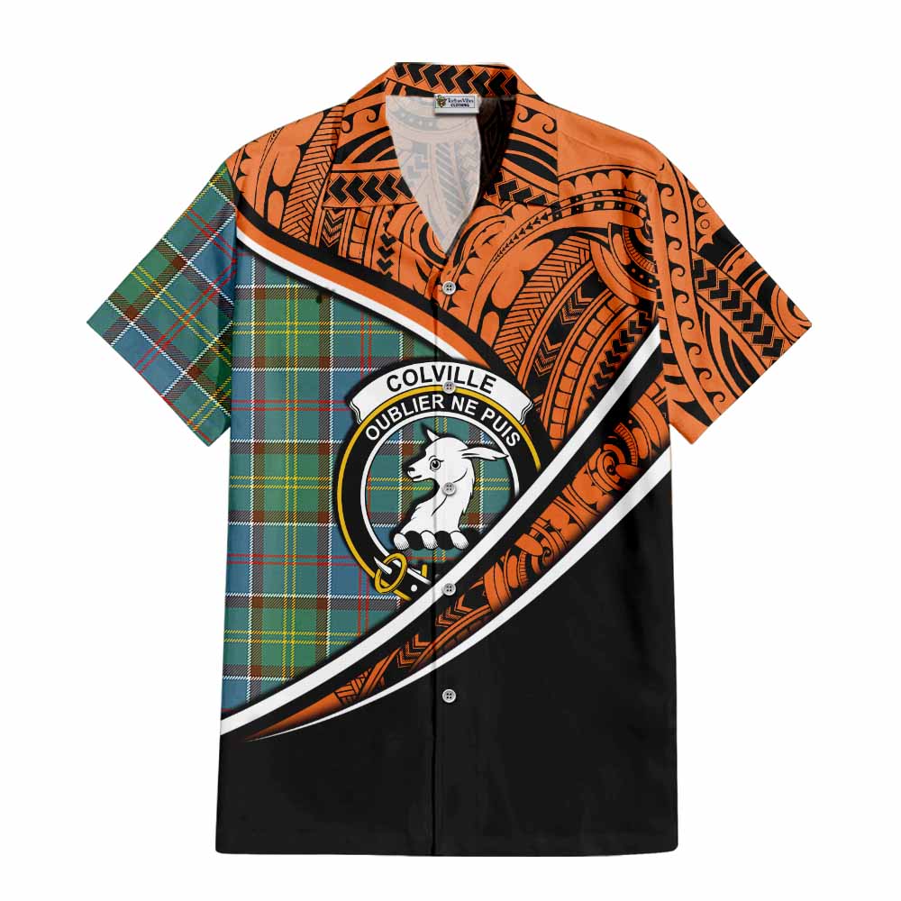 Tartan Vibes Clothing Colville Crest Tartan Short Sleeve Button Shirt with Maori Tattoo Style - Orange Version