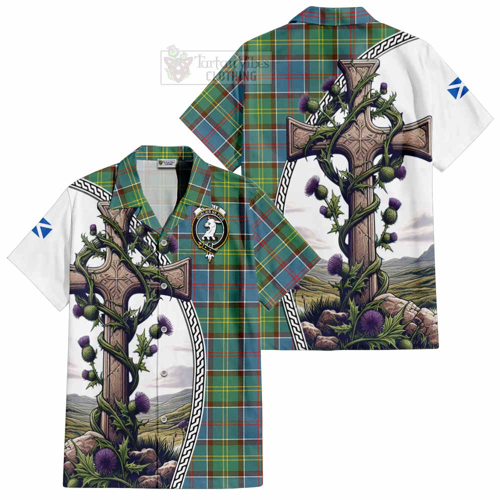 Tartan Vibes Clothing Colville Tartan Short Sleeve Button Shirt with Family Crest and St. Andrew's Cross Accented by Thistle Vines