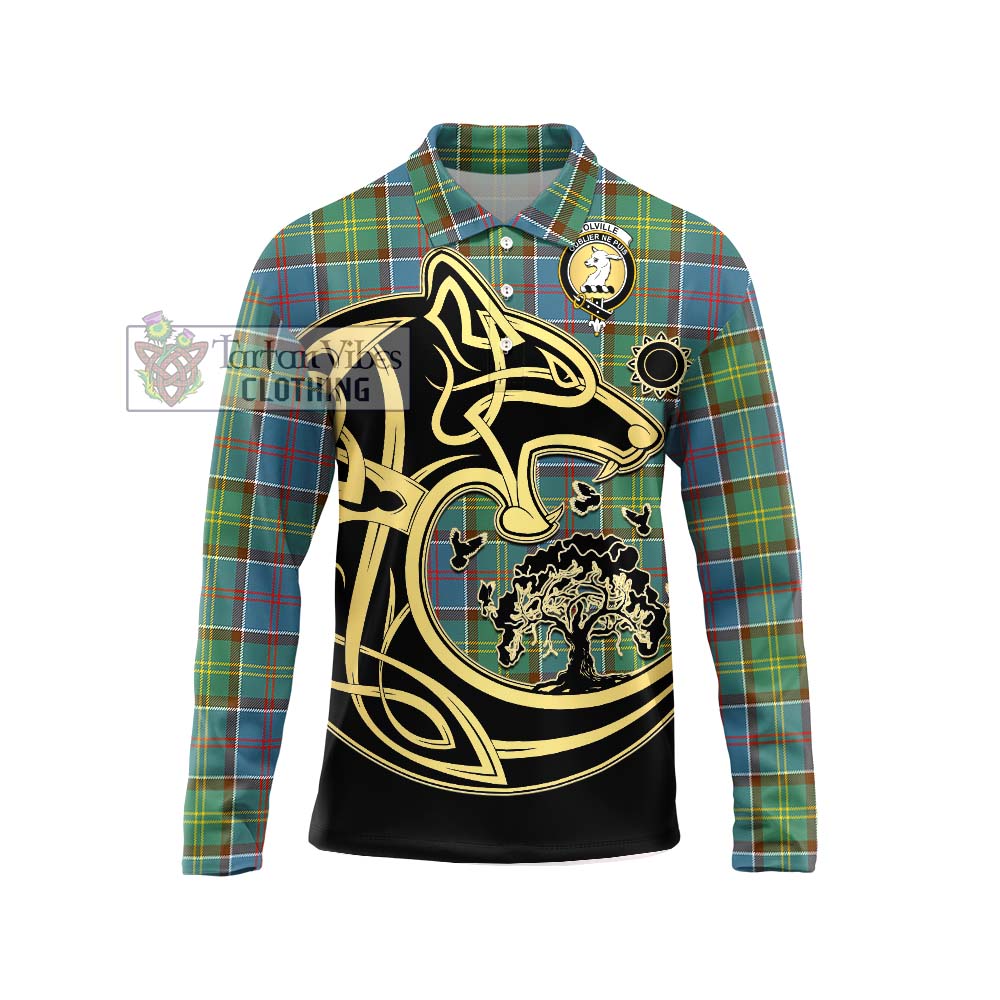 Colville Tartan Long Sleeve Polo Shirt with Family Crest Celtic Wolf Style Unisex - Tartanvibesclothing Shop