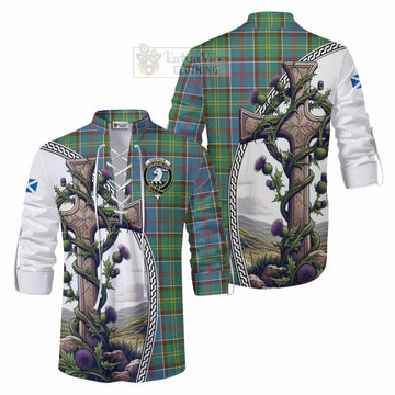 Colville Tartan Ghillie Kilt Shirt with Family Crest and St. Andrew's Cross Accented by Thistle Vines