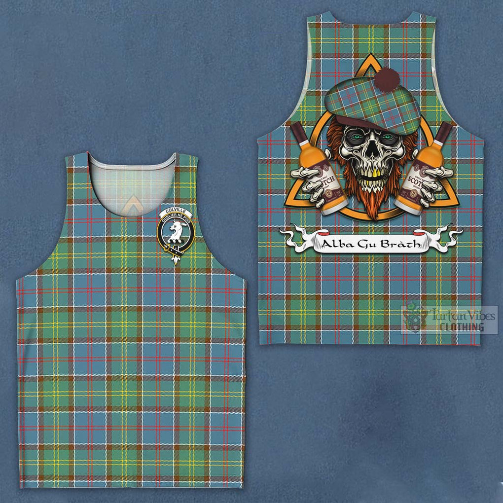 Tartan Vibes Clothing Colville Tartan Men's Tank Top with Family Crest and Bearded Skull Holding Bottles of Whiskey