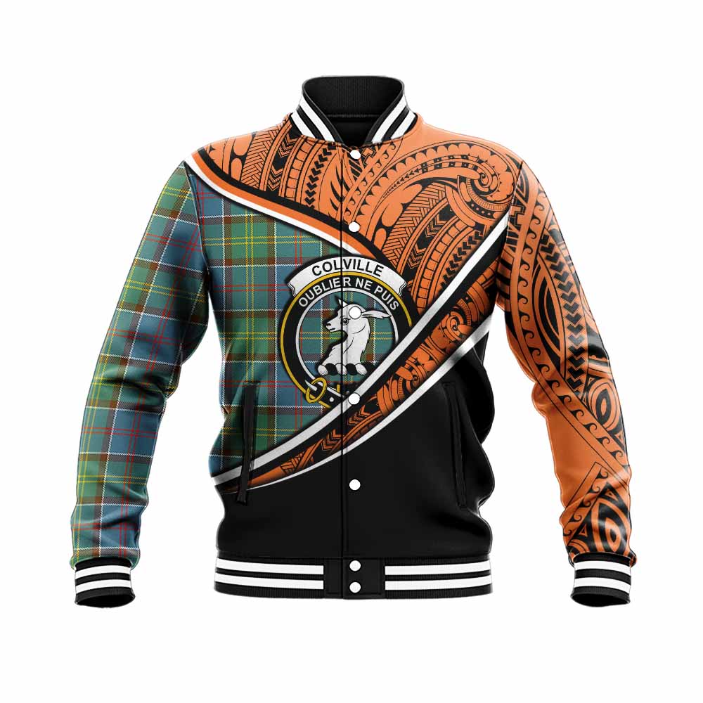 Tartan Vibes Clothing Colville Crest Tartan Baseball Jacket with Maori Tattoo Style - Orange Version