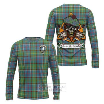 Colville Tartan Long Sleeve T-Shirt with Family Crest and Bearded Skull Holding Bottles of Whiskey