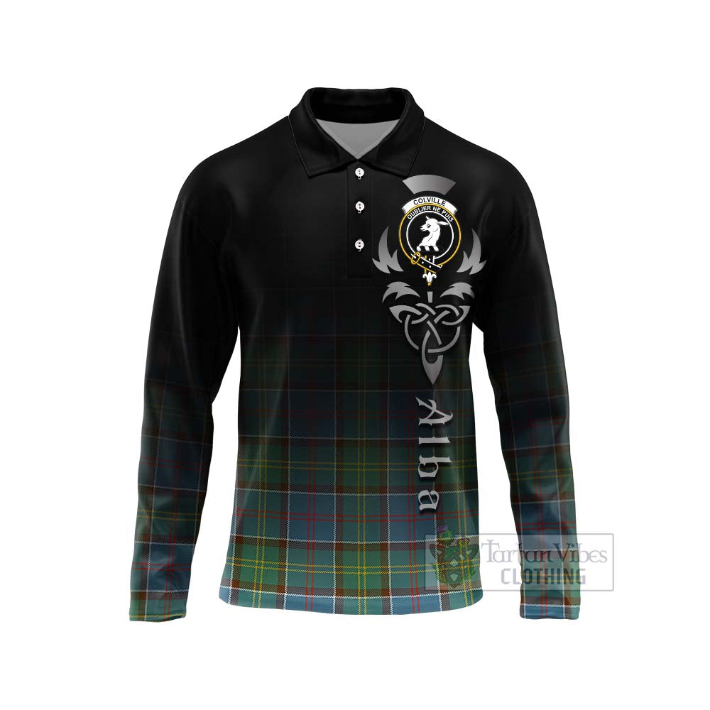 Tartan Vibes Clothing Colville Tartan Long Sleeve Polo Shirt Featuring Alba Gu Brath Family Crest Celtic Inspired