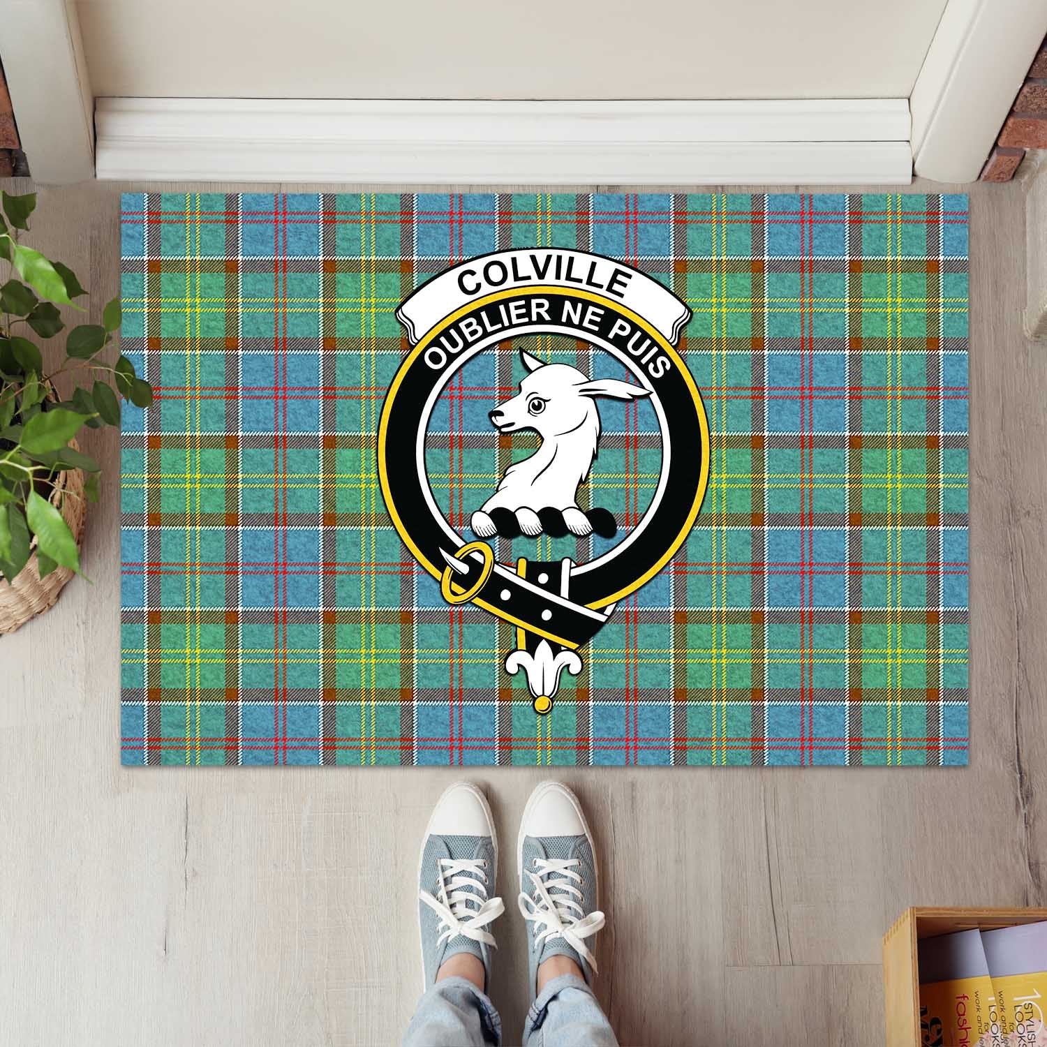 Colville Tartan Door Mat with Family Crest - Tartanvibesclothing