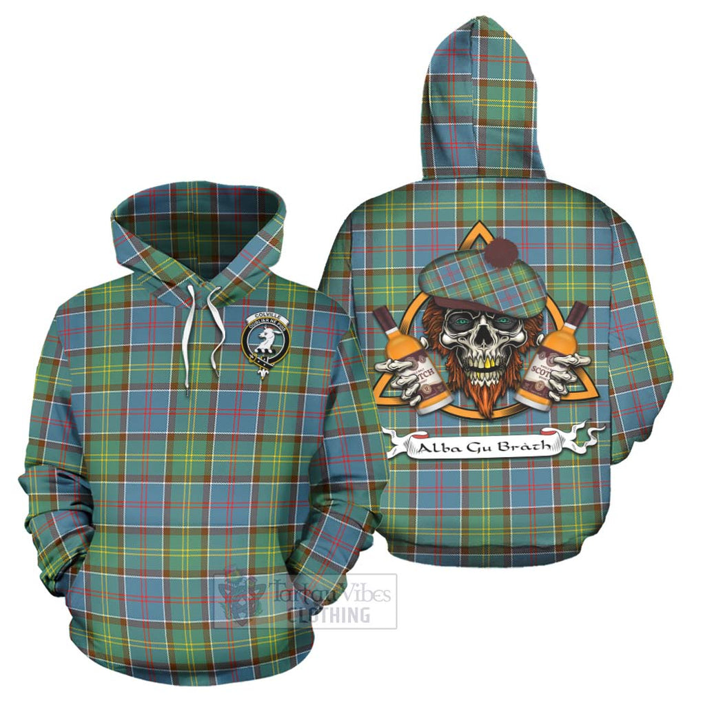 Tartan Vibes Clothing Colville Tartan Hoodie with Family Crest and Bearded Skull Holding Bottles of Whiskey